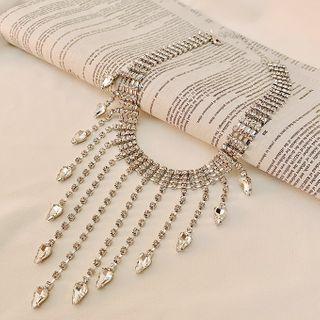 Rhinestone Fringed Choker Silver - One Size