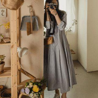 Pleated-hem Stripe Long Dress Blue - One Size