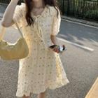 Puff-sleeve V-neck Embroidered A-line Dress