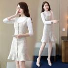 Set: Mock-turtleneck Long-sleeve Top + Tweed Pinafore Dress