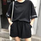 Set: Lettering Elbow Sleeve T-shirt + Plain Drawstring Shorts