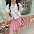 Short-sleeve Bear Embroidered Top / Plain Pleated A-line Skirt