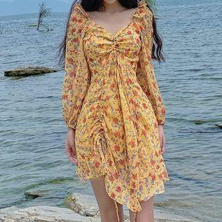 Long-sleeve Floral Drawstring Mini A-line Dress