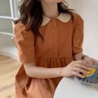 Puff-sleeve Contrast Collar Midi A-line Dress