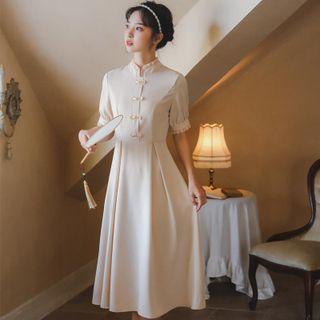 Short-sleeve Frill Trim Midi A-line Qipao Dress