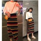 Elbow-sleeve T-shirt / Striped Sheath Midi Skirt