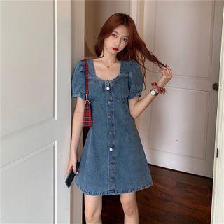 Denim Short-sleeve Button Mini A-line Dress