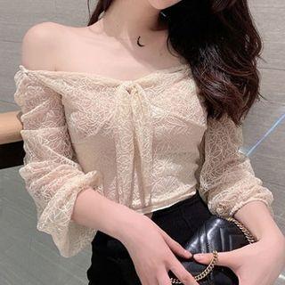 3/4-sleeve Off-shoulder Tie-front Lace Top Almond - One Size