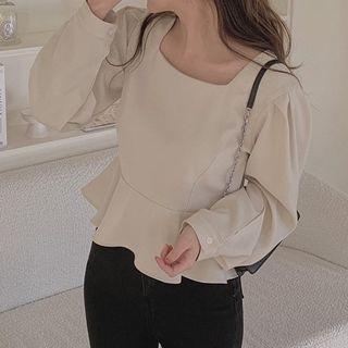 Long-sleeve Square Neck Plain Ruffle Trim Blouse
