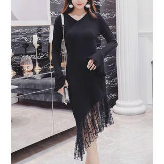 V-neck Sheer-hem Knit Dress