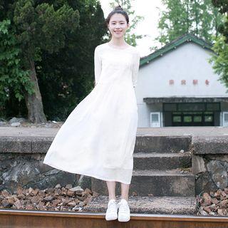 Flower Embroidered Elbow Sleeve Midi A-line Dress