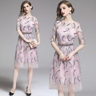 Mesh Flower Embroidered Elbow-sleeve Midi A-line Dress