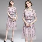 Mesh Flower Embroidered Elbow-sleeve Midi A-line Dress