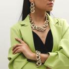 Set Of 3 : Chunky Chain Dangle Earring + Necklace + Bracelet Set Of 3 - Gold - One Size