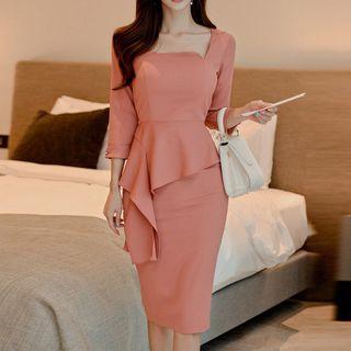 3/4-sleeve Square-neck Peplum Dress