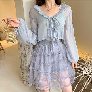 Ruffle Trim Drawstring Cardigan / Lace Trim Knit Top / High-waist Ruffle Trim Sheer Skirt