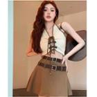 Halter Tie-front Camisole Top / Mini A-line Skirt / Belt / Set