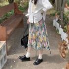 Floral Midi A-line Skirt Pink & Green & Yellow - One Size