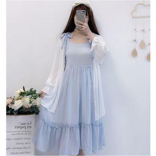 Spaghetti Strap Midi Striped Dress / Bell-sleeve Light Jacket