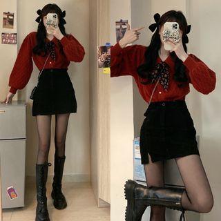 Set: Bow-accent Cardigan + A-line Skirt