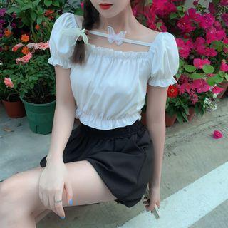 Puff Sleeve Butterfly Applique Crop Blouse