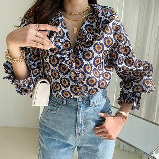 Shawl-collar Floral Shirt Blue - One Size