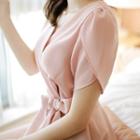 Puffed Short-sleeve Tie-front A-line Midi Dress