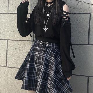 Lace-up Cutout Cropped Hoodie / Plaid Mini A-line Skirt / Set