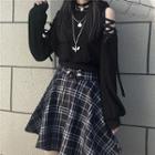 Lace-up Cutout Cropped Hoodie / Plaid Mini A-line Skirt / Set