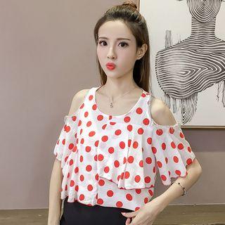 Polka Dot Cold Shoulder Short-sleeve Top