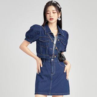 Set: Puff-sleeve Pocket Detail Denim Crop Shirt + Mini Pencil Skirt