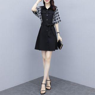 Plaid Panel Short-sleeve Mini Collared Dress