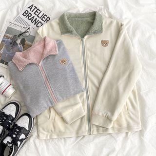 Long-sleeve Bear Embroidered Zip Jacket
