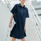 Pocket Detail Short-sleeve Collared Dress Navy Blue - One Size