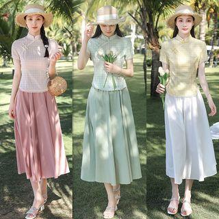 Short-sleeve Plaid Beaded Trim Qipao Top / Midi A-line Skirt / Set
