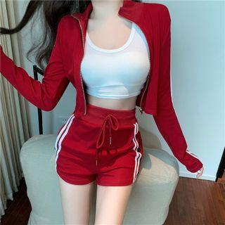 Set: Striped Zipped Cropped Jacket + Drawstring Shorts