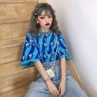 Elbow-sleeve Striped Floral T-shirt Blue - One Size