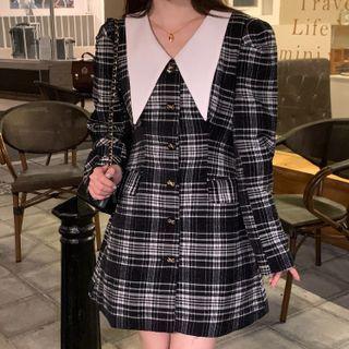 Long-sleeve Collared Plaid Mini A-line Dress Black - One Size