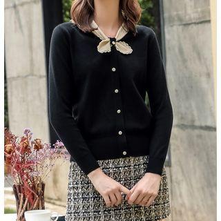 Long-sleeve Tie-neck Knit Sweater Black - One Size