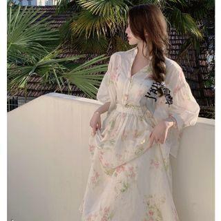 Elbow-sleeve Floral Print Blouse / Midi A-line Skirt