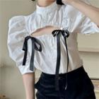 Bow Cut-out Puff-sleeve Top White - One Size