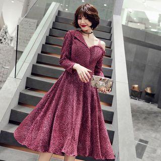 Long Sleeve Glittered A-line Cocktail Dress