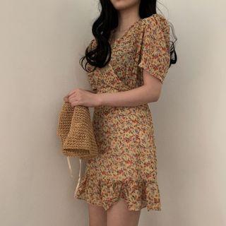 V-neck Floral Print Chiffon Short-sleeve A-line Dress