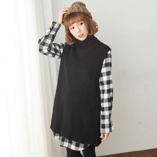 Set: Knit Vest + Check Shirtdress