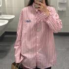 Long-sleeve Embroidered Striped Shirt Stripe - Pink - One Size