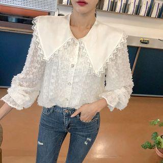 Puritan-collar Fringed Sheer Blouse