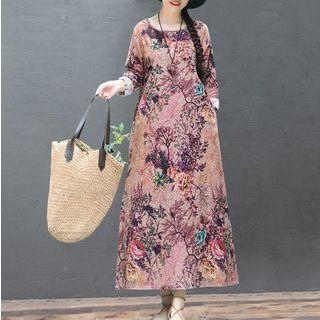 Flower Print Long-sleeve Midi Shift Dress