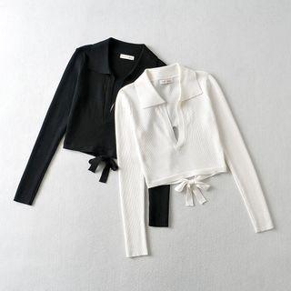 Collared Tie-strap Knit Top