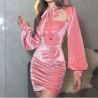 Puff-sleeve Velvet Mini Bodycon Dress