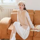 Set: Knit Vest + Long-sleeve Lace Midi Dress